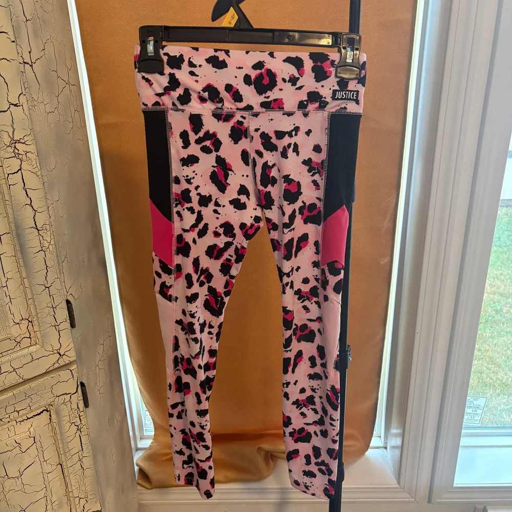 Justice Girls Leggings Activewear Pink Black Leopard Animal Print Size 10 Sporty